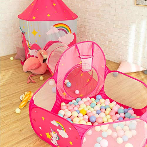 3pcs Kids Play Tent, Crawl Tunnel & Ball Pit with Basketball Hoop U3611