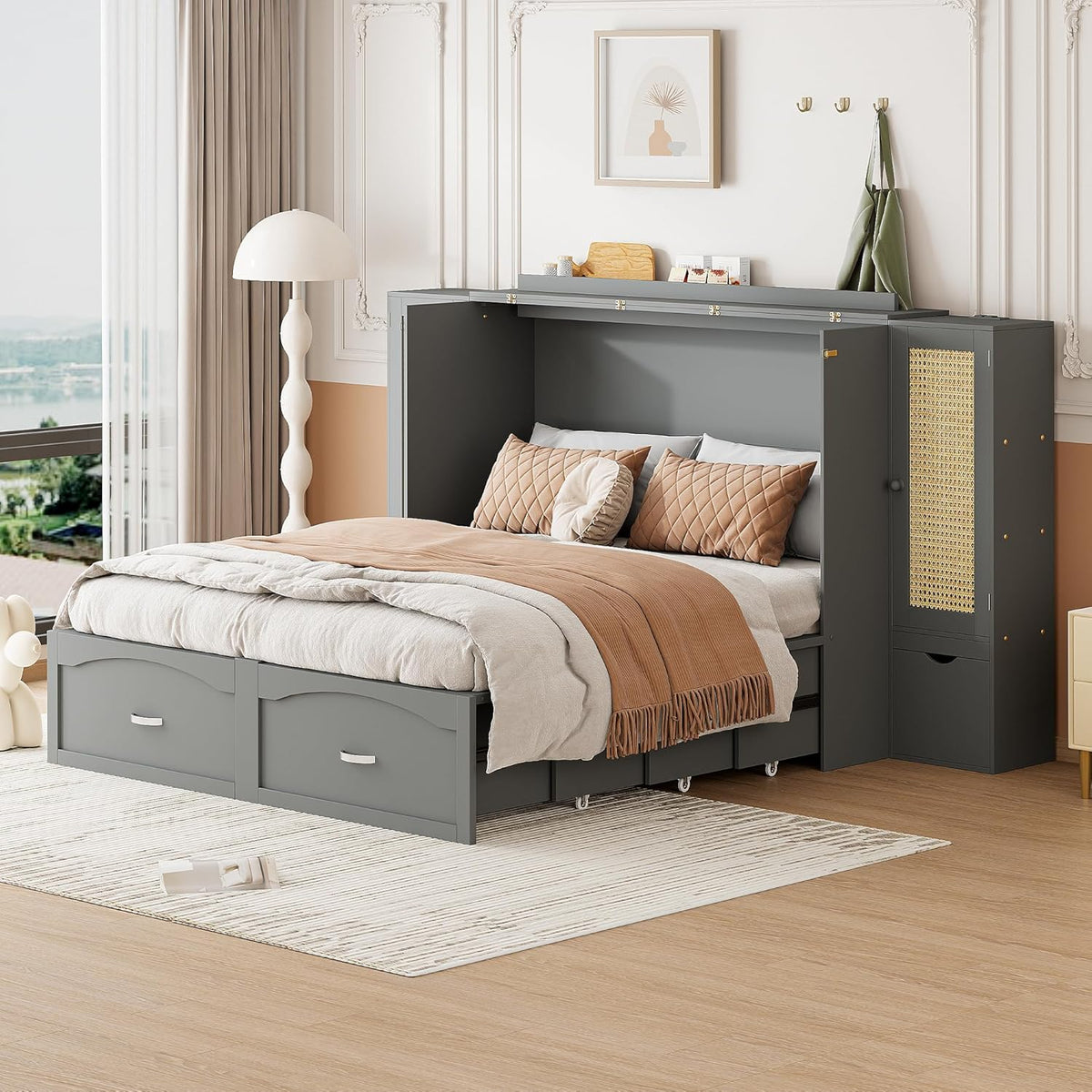 Gray Queen Size Murphy Bed with Storage Drawer and 2 Cabinets V34734