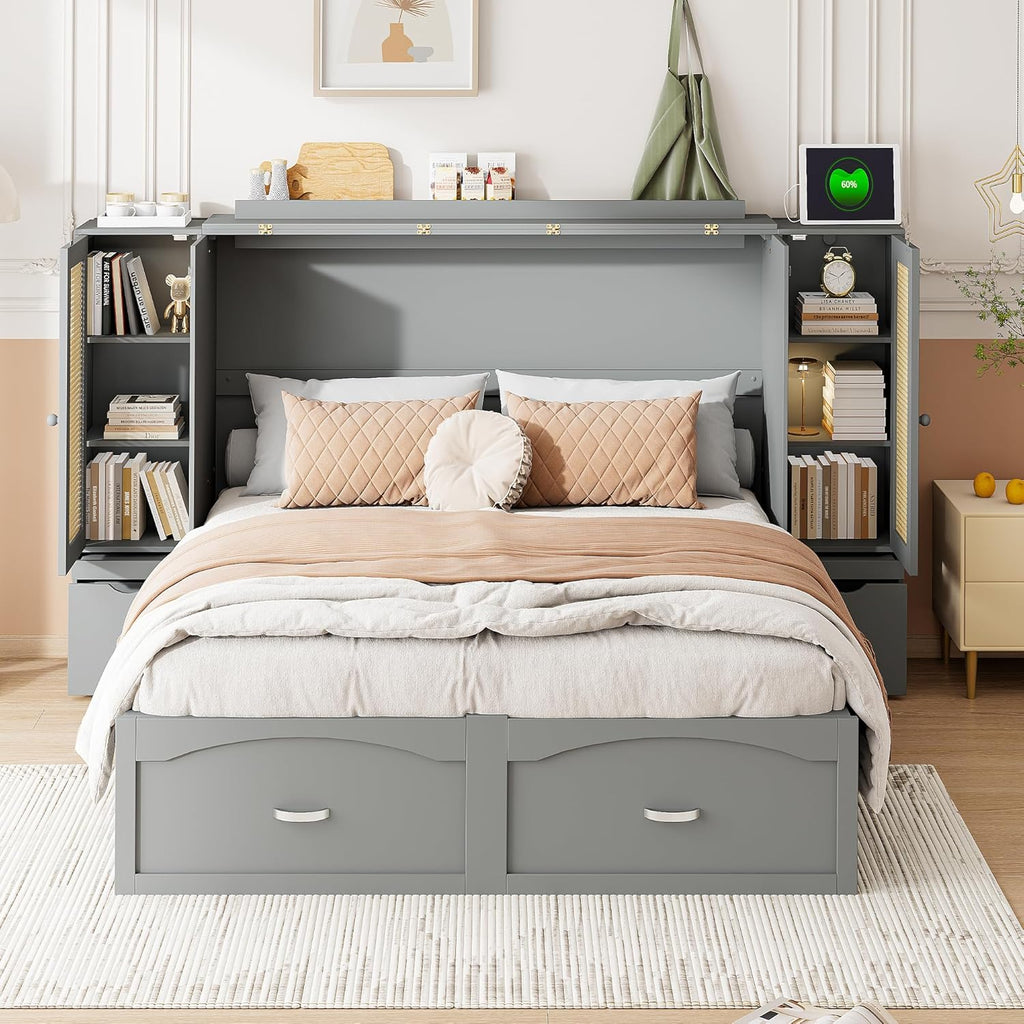 Gray Queen Size Murphy Bed with Storage Drawer and 2 Cabinets V34734