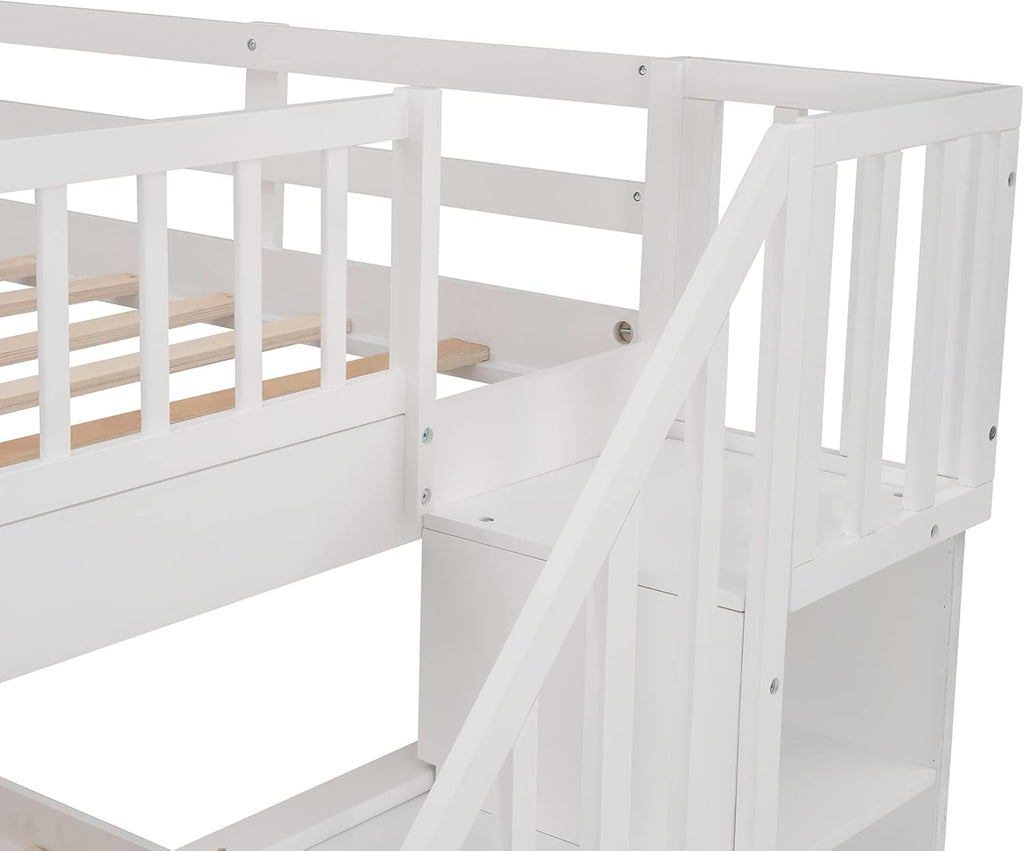 White Full Over Full Wooden Bunk Bed with Stairs and Storage Drawers N1942