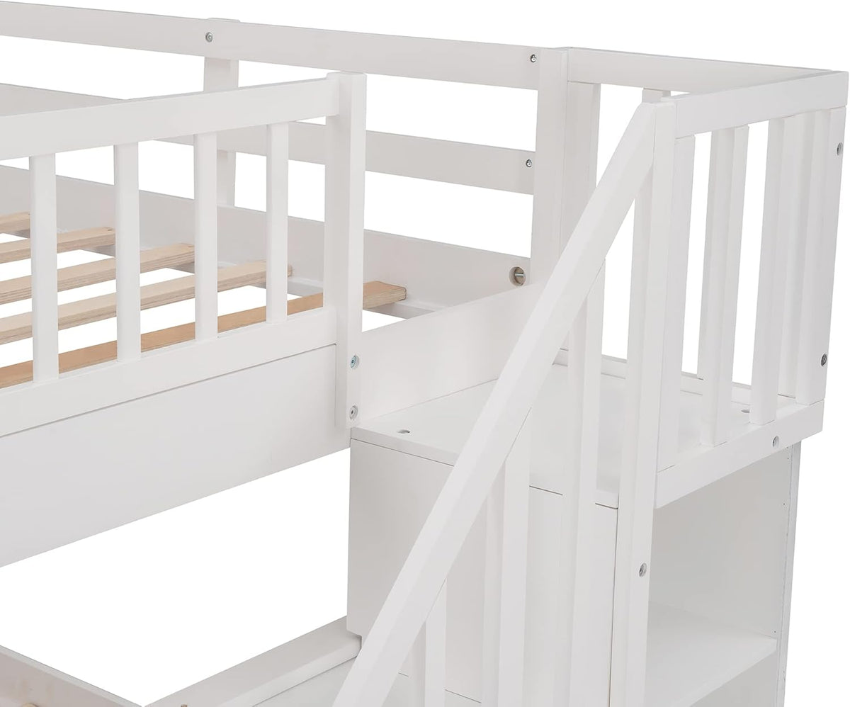 White Full Over Full Wooden Bunk Bed with Stairs and Storage Drawers N1942