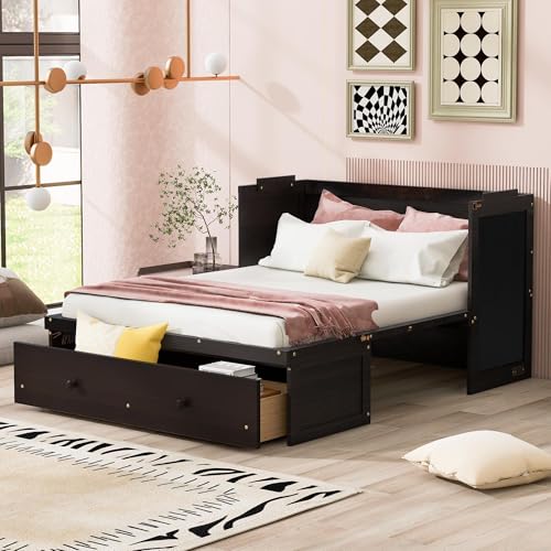 Full Murphy Bed with USB Charging Station and Large Drawer, Wooden Full Size Bed Wall Bed with Storage, Espresso M13167