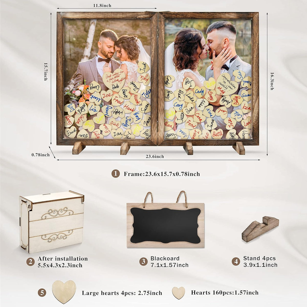 Wooden Drop Top Box Picture Frame with 160 Wooden Hearts A124