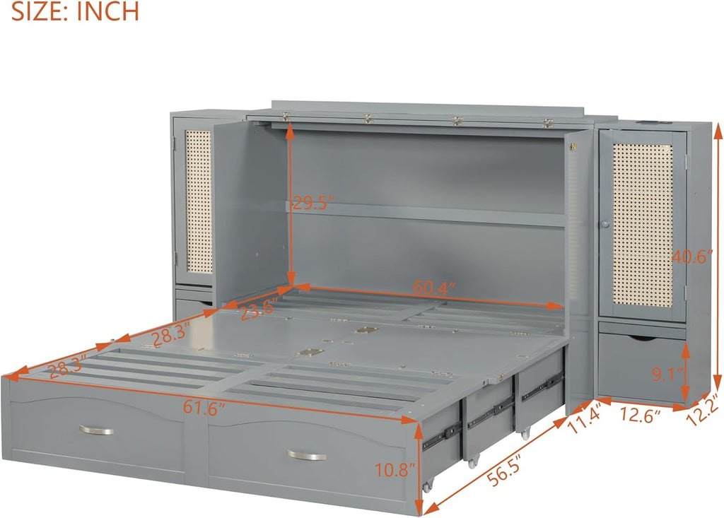 Gray Queen Size Murphy Bed with Storage Drawer and 2 Cabinets V34734
