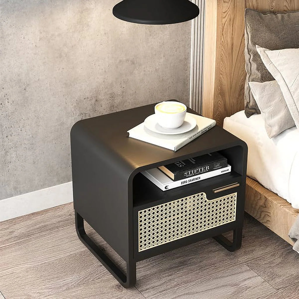 Black Rattan Woven Nightstand with 1 Drawer U1596