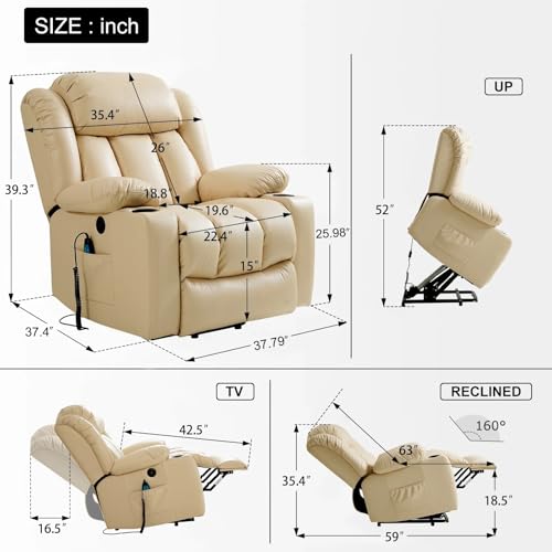 Beige Leather Power Lift Recliner Chair with Heat and Massage W933843