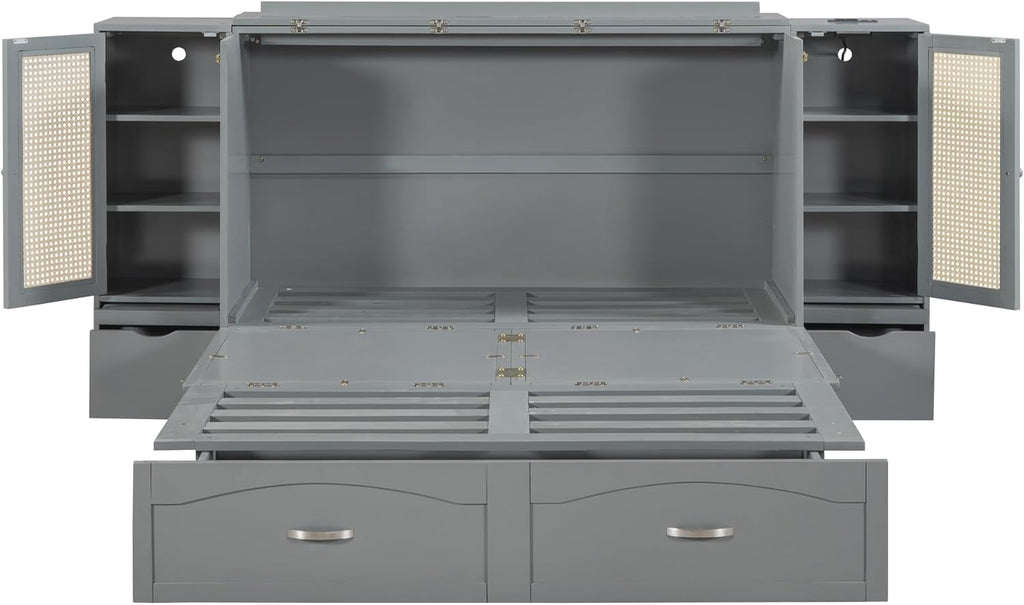 Gray Queen Size Murphy Bed with Storage Drawer and 2 Cabinets V34734