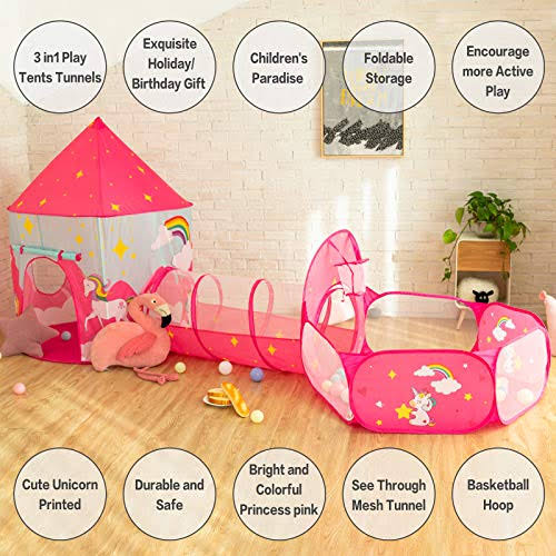 3pcs Kids Play Tent, Crawl Tunnel & Ball Pit with Basketball Hoop U3611