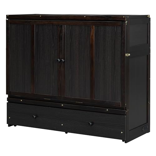 Full Murphy Bed with USB Charging Station and Large Drawer, Wooden Full Size Bed Wall Bed with Storage, Espresso M13167