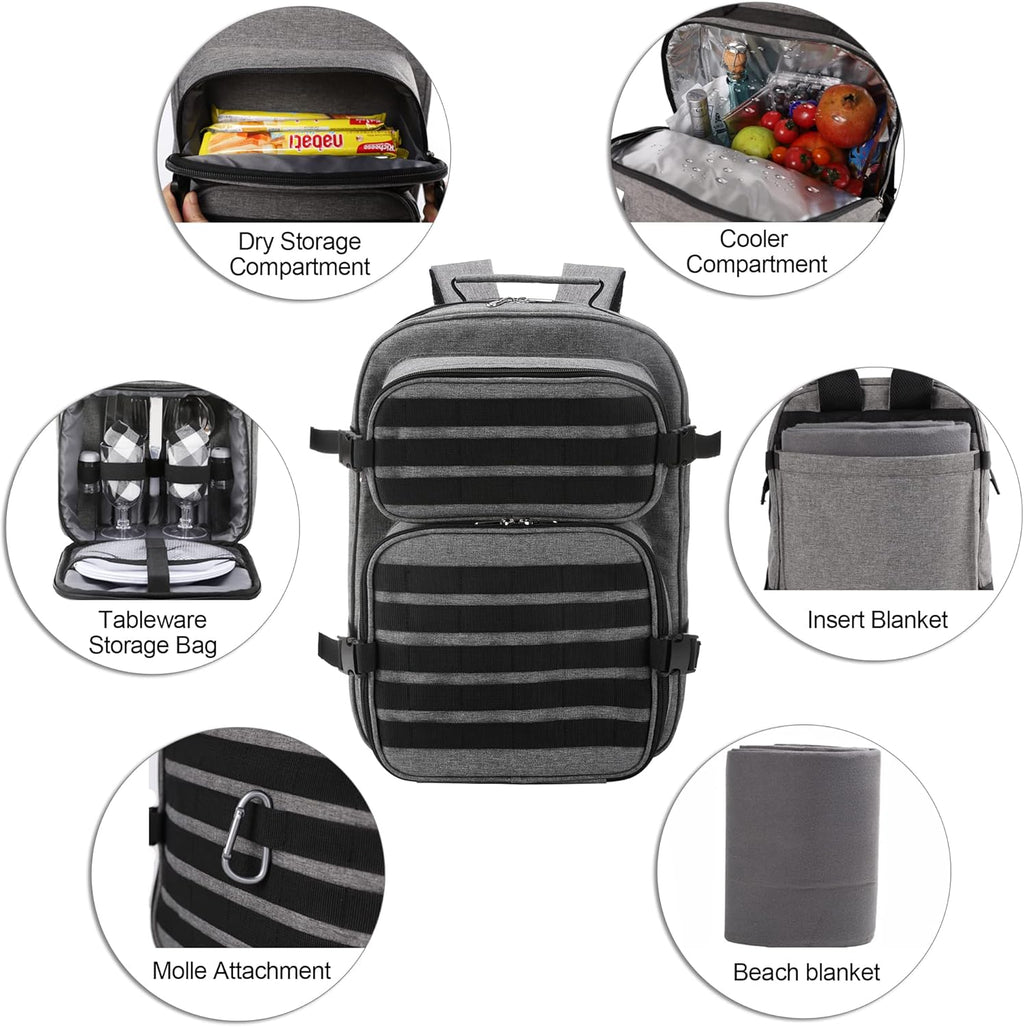 Picnic Backpack Cooler Bag for 2 Person Set with Insulated Compartment, Fleece Blanket, Cutlery Set N7604