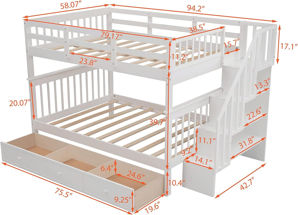 White Full Over Full Wooden Bunk Bed with Stairs and Storage Drawers N1942