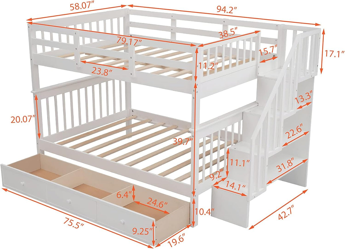 White Full Over Full Wooden Bunk Bed with Stairs and Storage Drawers N1942