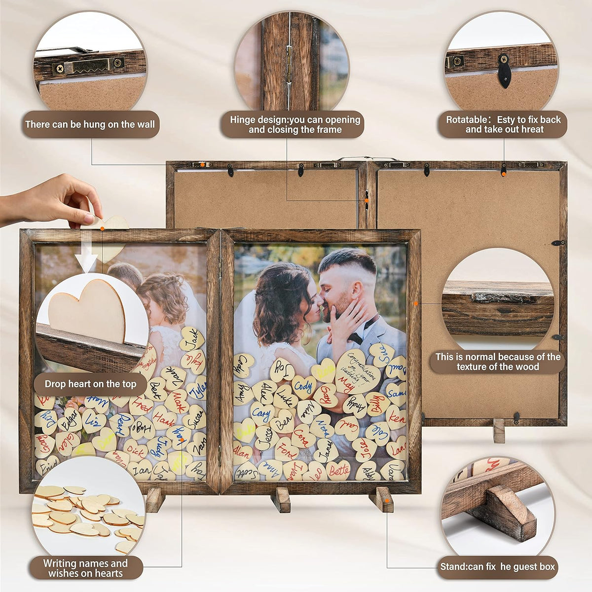 Wooden Drop Top Box Picture Frame with 160 Wooden Hearts A124