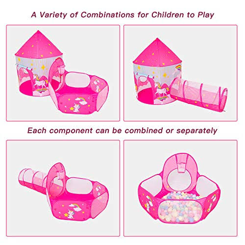 3pcs Kids Play Tent, Crawl Tunnel & Ball Pit with Basketball Hoop U3611
