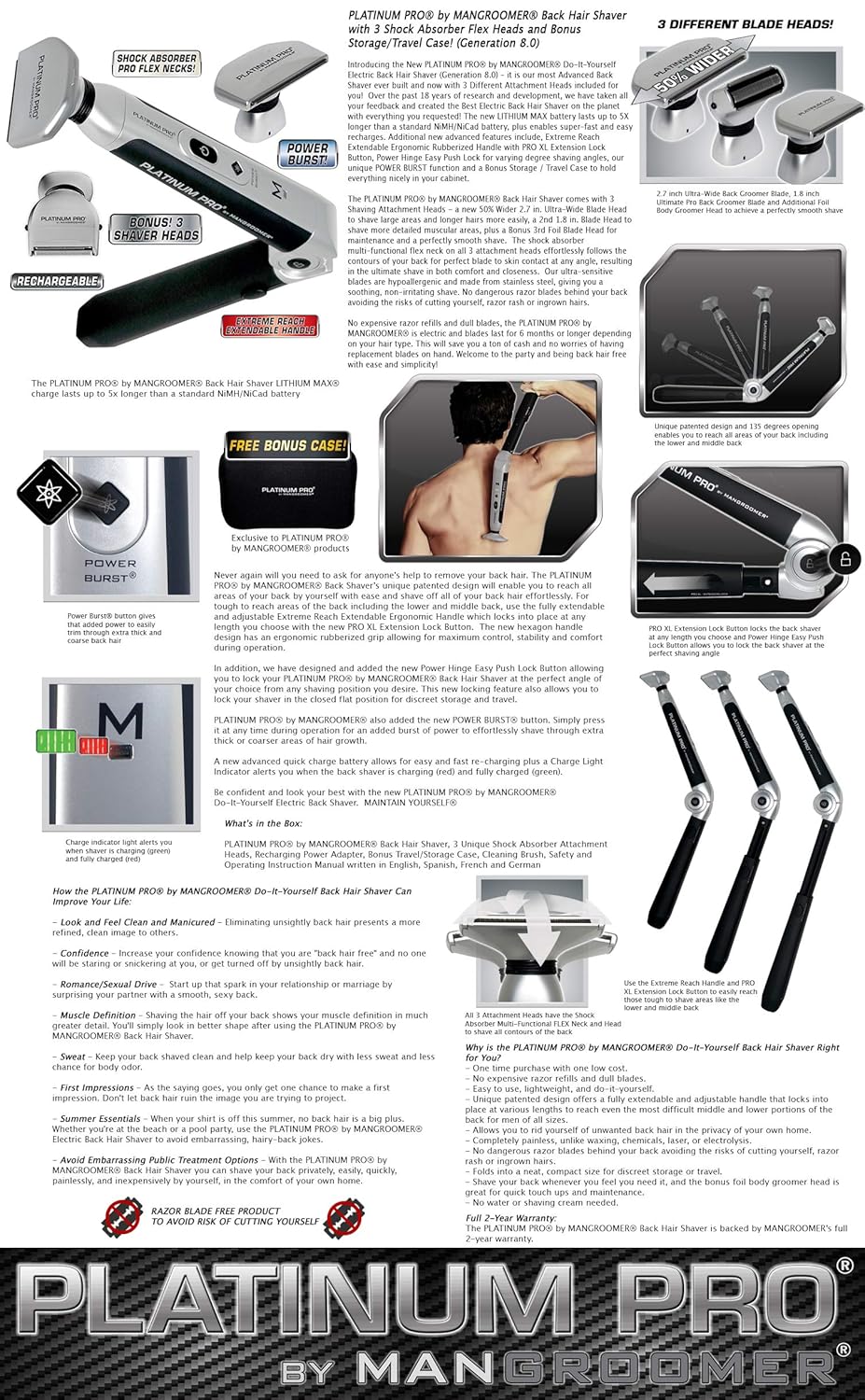 Back Shaver with 3 Flex Heads, Power Hinge, Extreme Reach Handle & Bonus Case, 4 Piece Set A7053