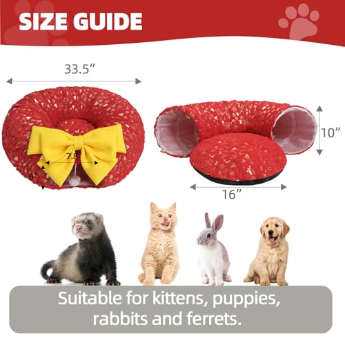 Christmas Cat Tunnel with Bowtie, Washable Circle Cushion and Plush Ball Toy, Red P182