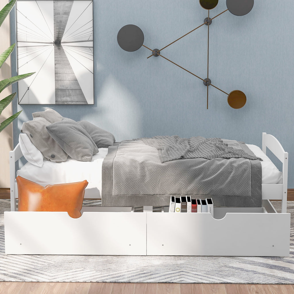 White Twin Size Platform Bed with 2 Drawers Y7843