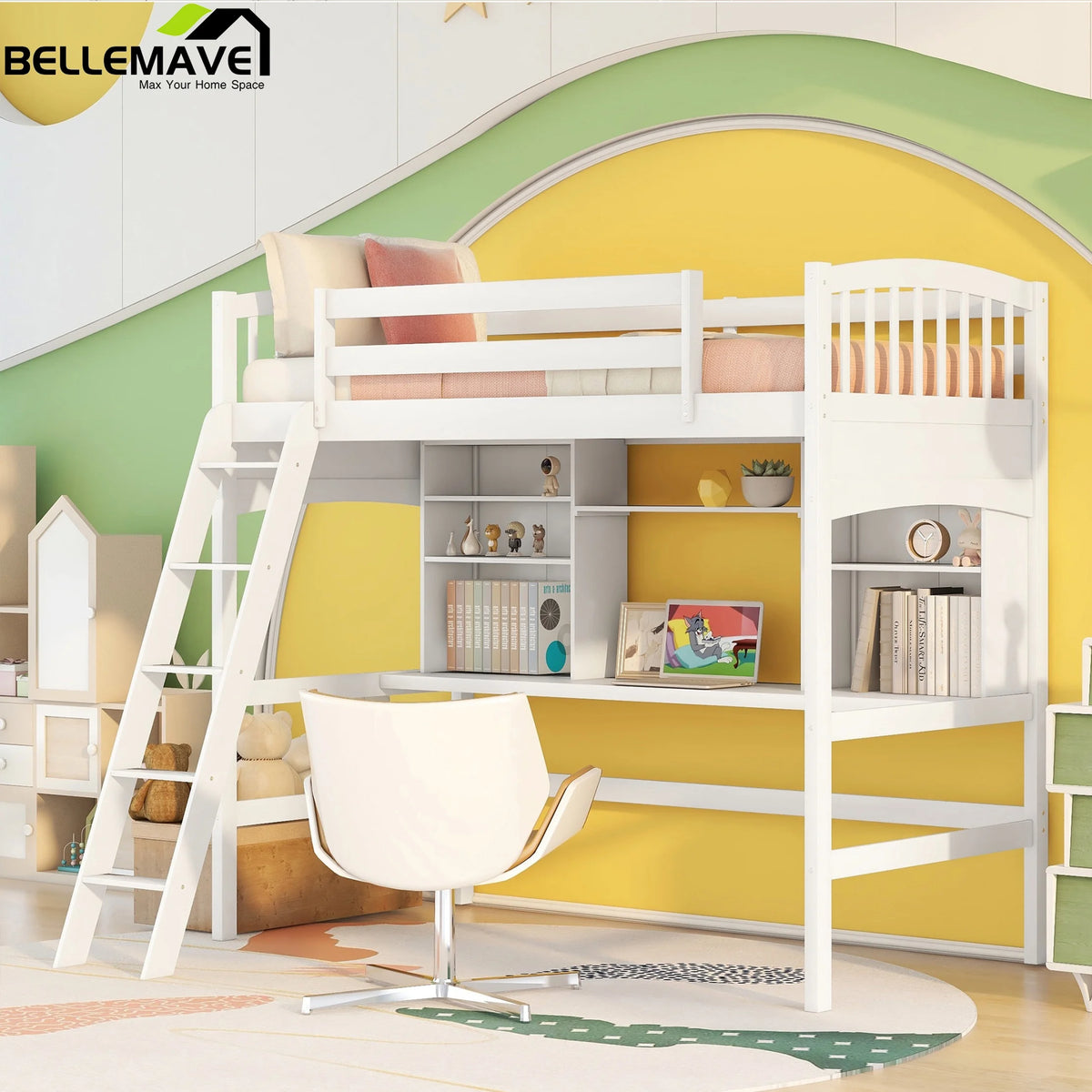 Twin Size Solid Wood Loft Bed with Built-in Desk and 3 Storage Staircase B468