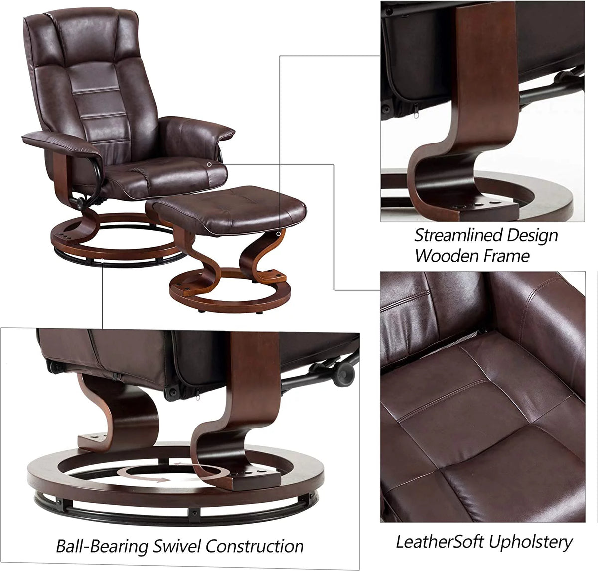 Cream White Faux Leather Swiveling Recliner Chair with Ottoman S94699