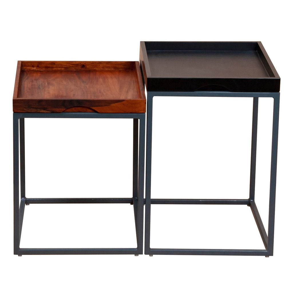 2 Piece Wooden Tray Top Nesting Table Set with Metal Frame, Brown and Black H636937