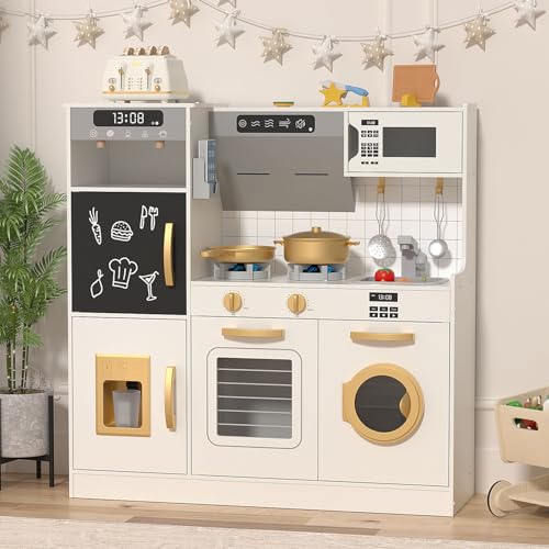 Play Kitchen with Lights & Sounds, 28 Pcs Toy Food & Cookware N7145