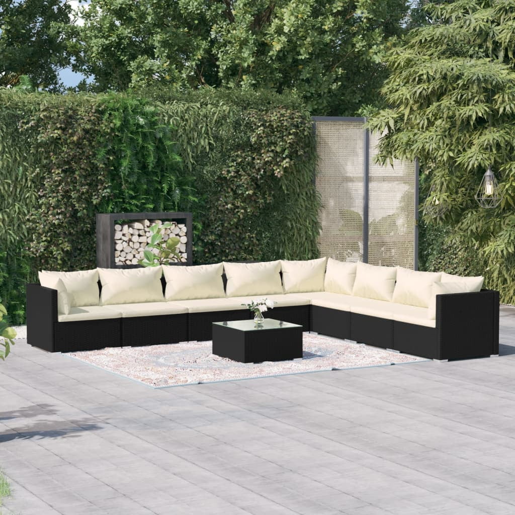 9 Piece Patio Set with Cushions Poly Rattan Black I43278