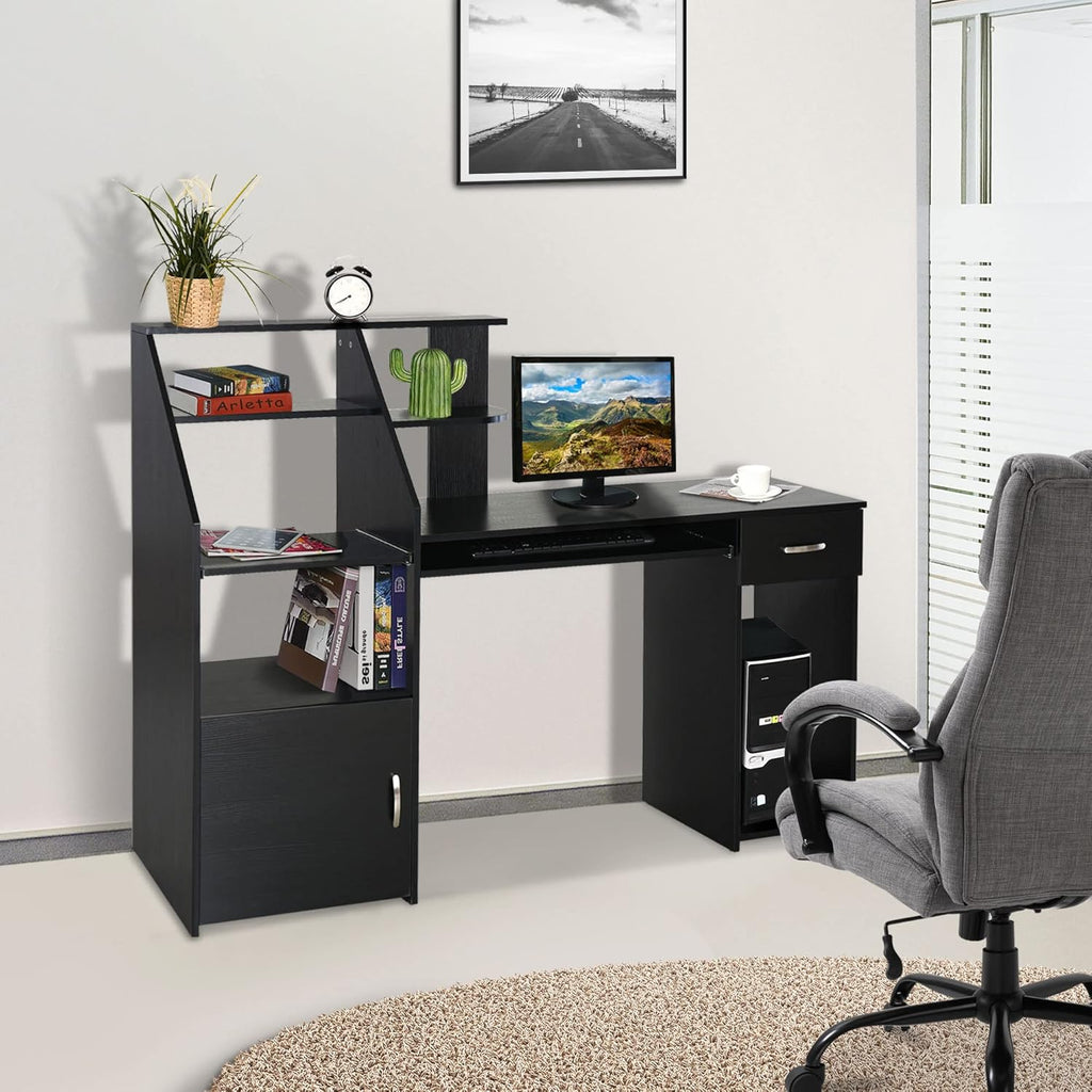 Black Wood Grain Computer Desk with Sliding Keyboard and Storage Shelves L54541