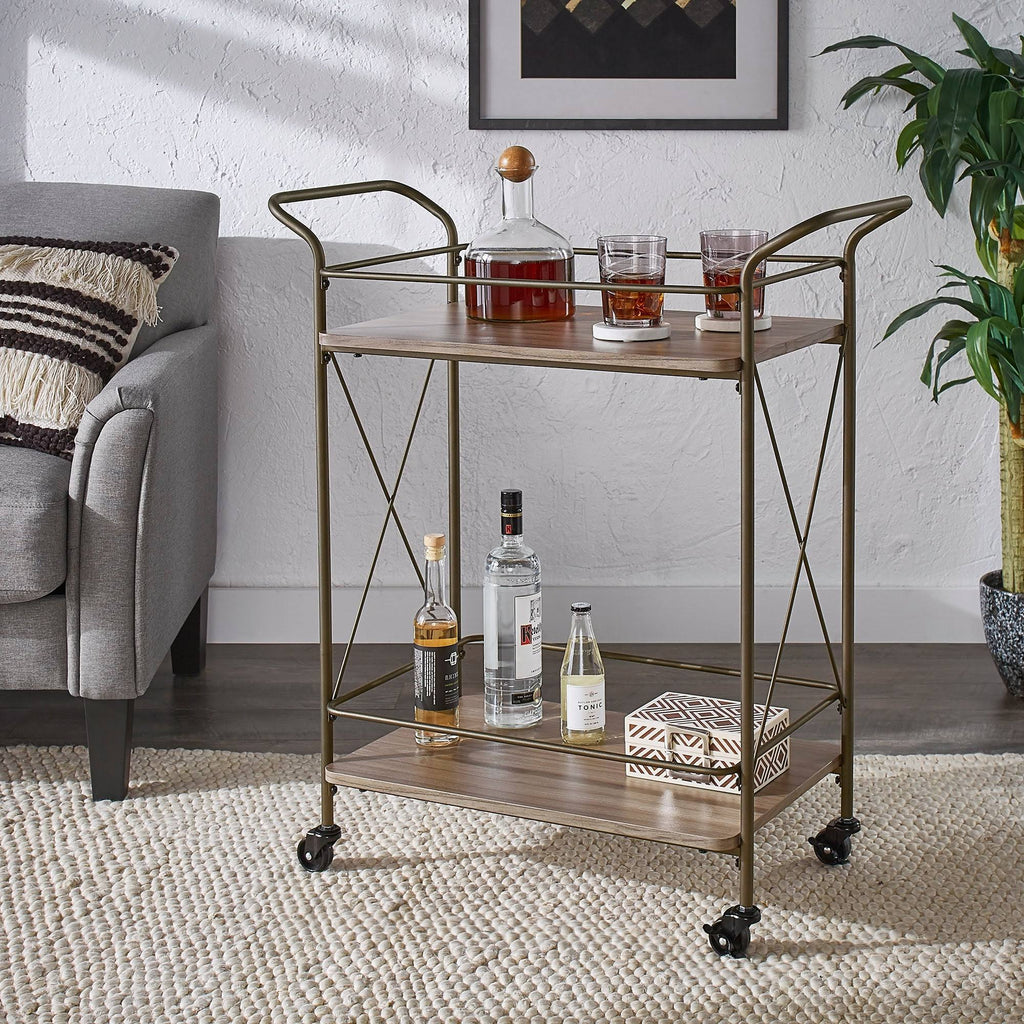 Bronze Finish Metal X-Frame Bar Cart with Walnut Wood Shelf J599