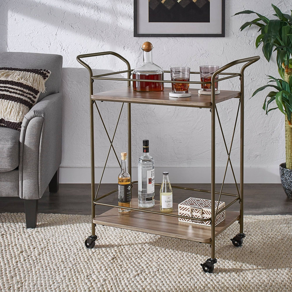 Bronze Finish Metal X-Frame Bar Cart with Walnut Wood Shelf J599