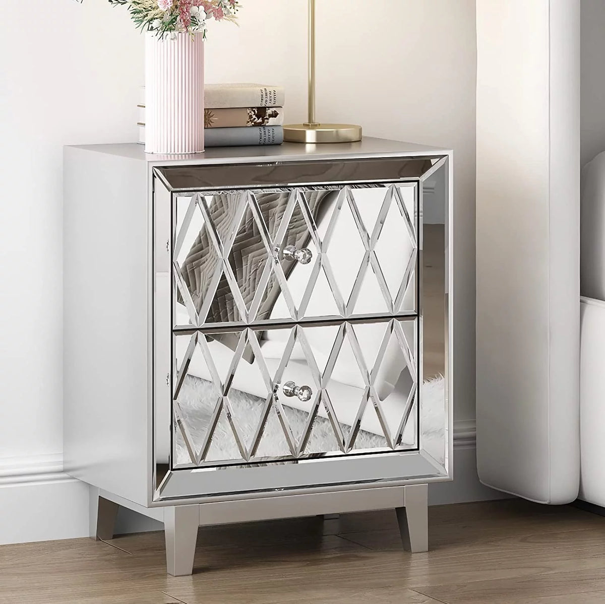 2-Drawer Mirrored End Table Nightstand H734
