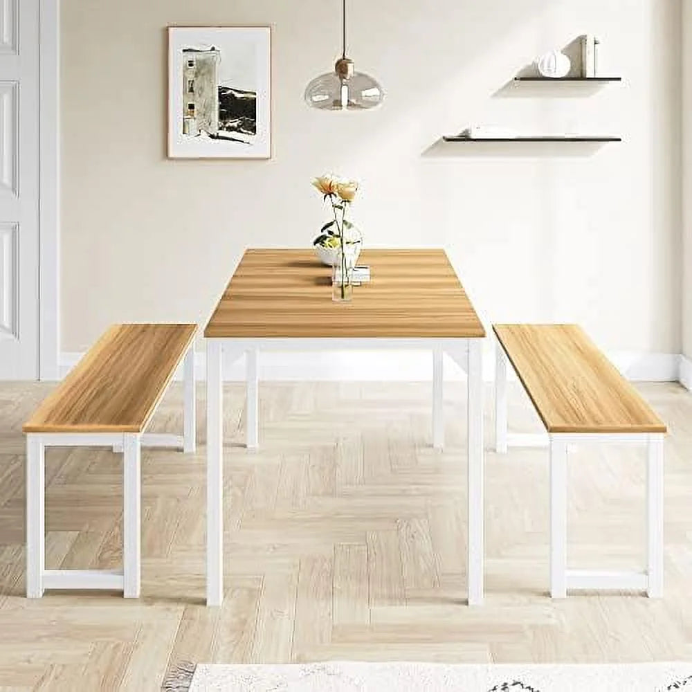 3PC Grey Light Brown Dining Table Set with Benches Z38391