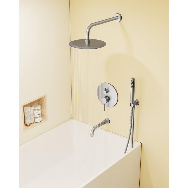 10 in. 3-Spray Wall Mount Shower Head and Tub Faucet 2.5 GPM Brushed Nickel F23735
