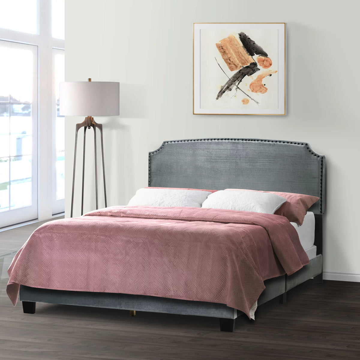 Gray Fabric Queen Bed with Nail Head Trim H180855