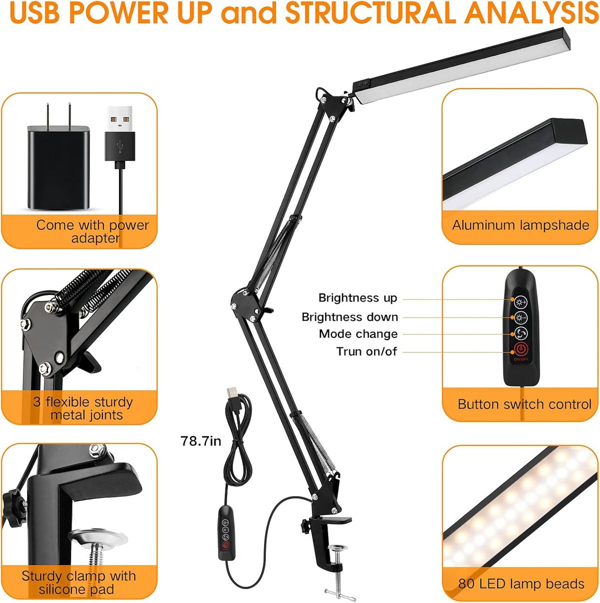 LED Desk Lamp with Clamp, 3 Modes, 30 Brightness Dimmable I1224
