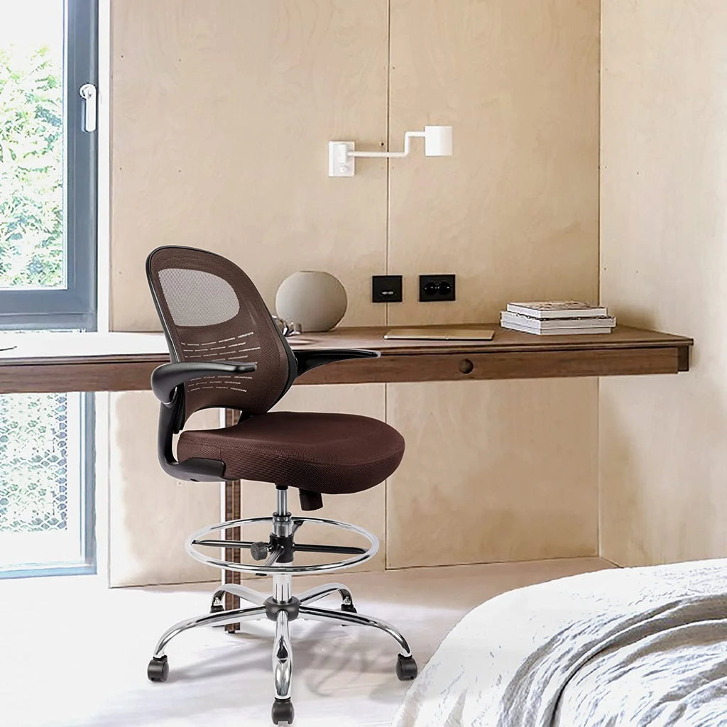 Brown Mesh Drafting Chair with Flip-Up Arms J68699
