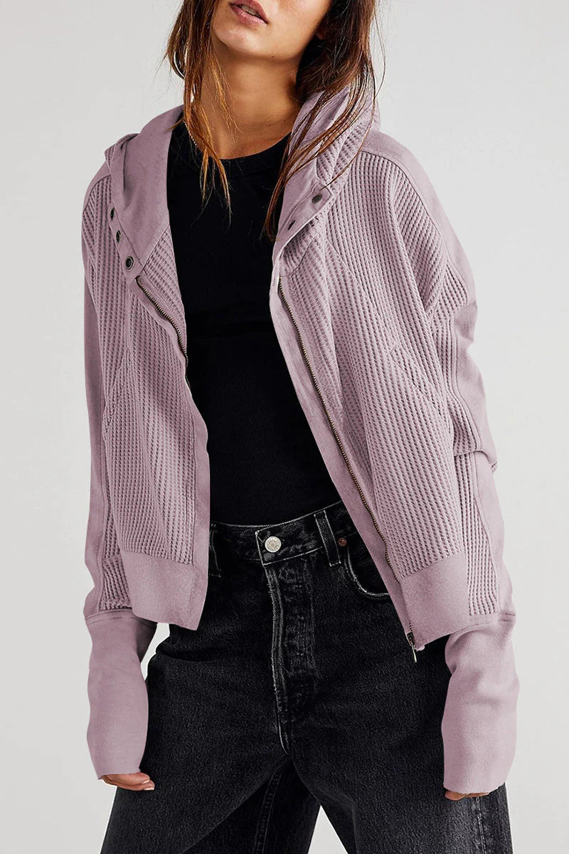 Solid Zipper Hooded Collar Outerwear V379962