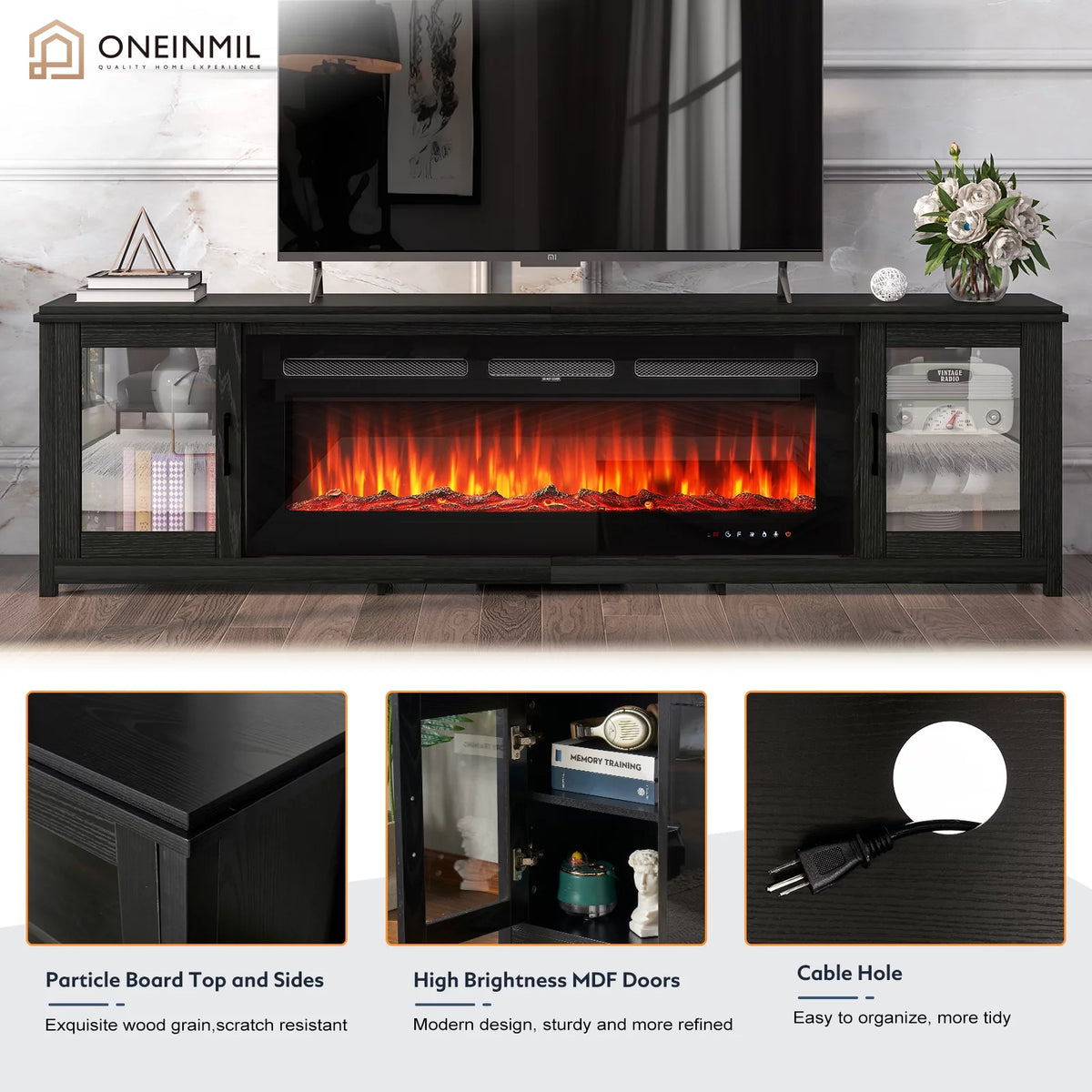 Black Fireplace TV Stand with Glass Doors M504
