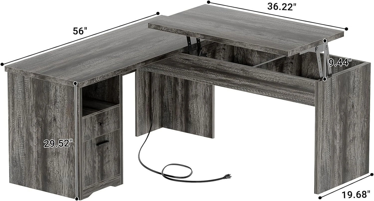 L Shaped Desk with Power Outlets and USB Charging Ports, Lift Top Corner Computer Desk with Drawer, Black Oak D14890
