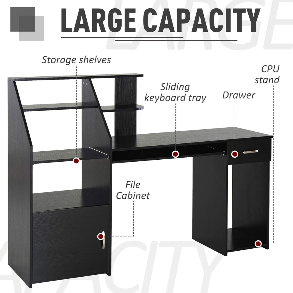Black Wood Grain Computer Desk with Sliding Keyboard and Storage Shelves L54541
