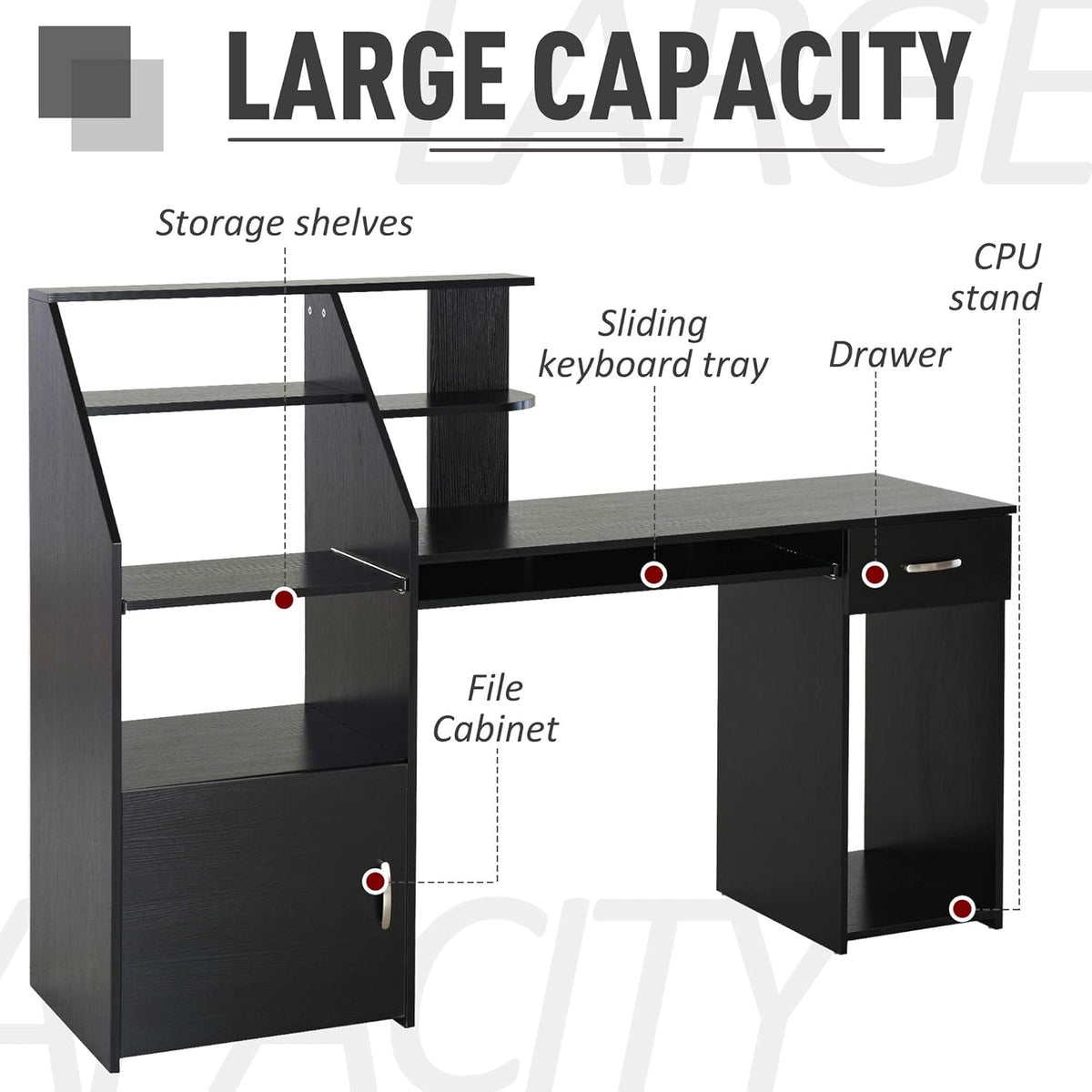 Black Wood Grain Computer Desk with Sliding Keyboard and Storage Shelves L54541