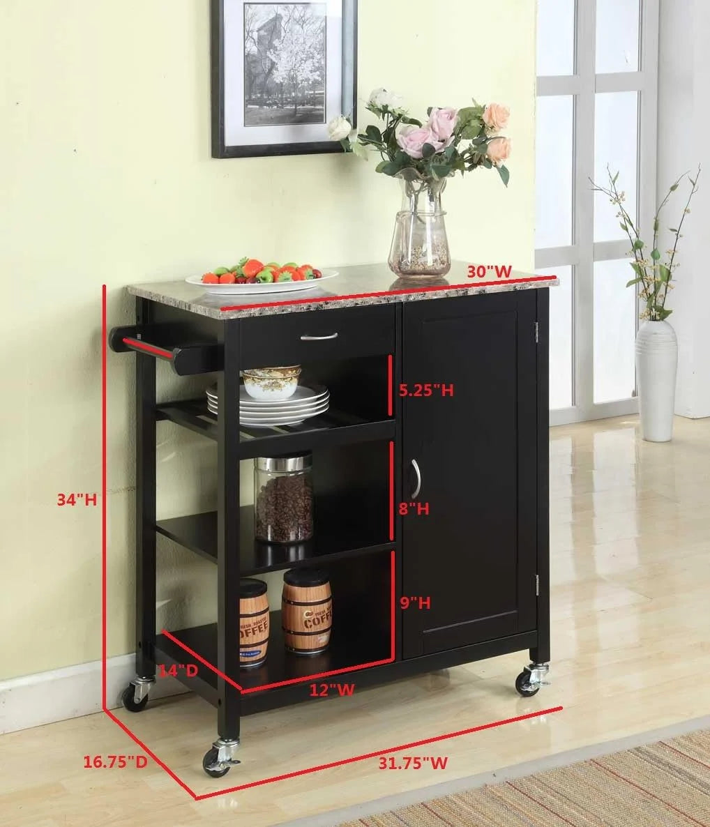 Black Wood & Marble Finish Kitchen Storage Cabinet Cart Z944198