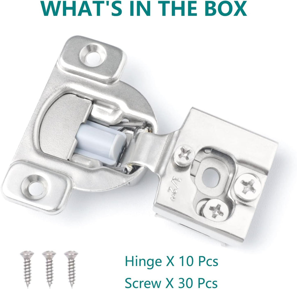 10 Pack Soft Close Cabinet Hinges, 1/2 Inch Overlay, Satin Nickel J83480
