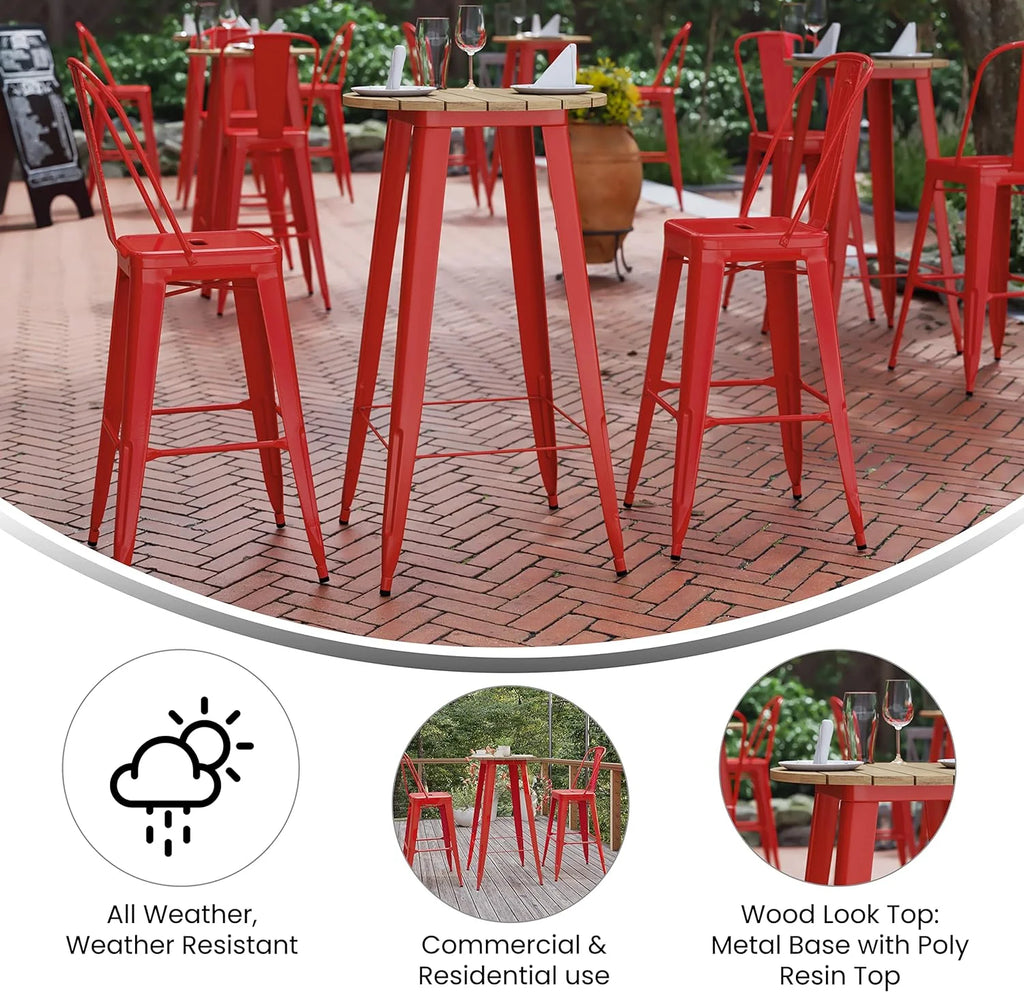 Indoor/Outdoor Bar Top Table Brown Resin Top Red Steel Base U90643