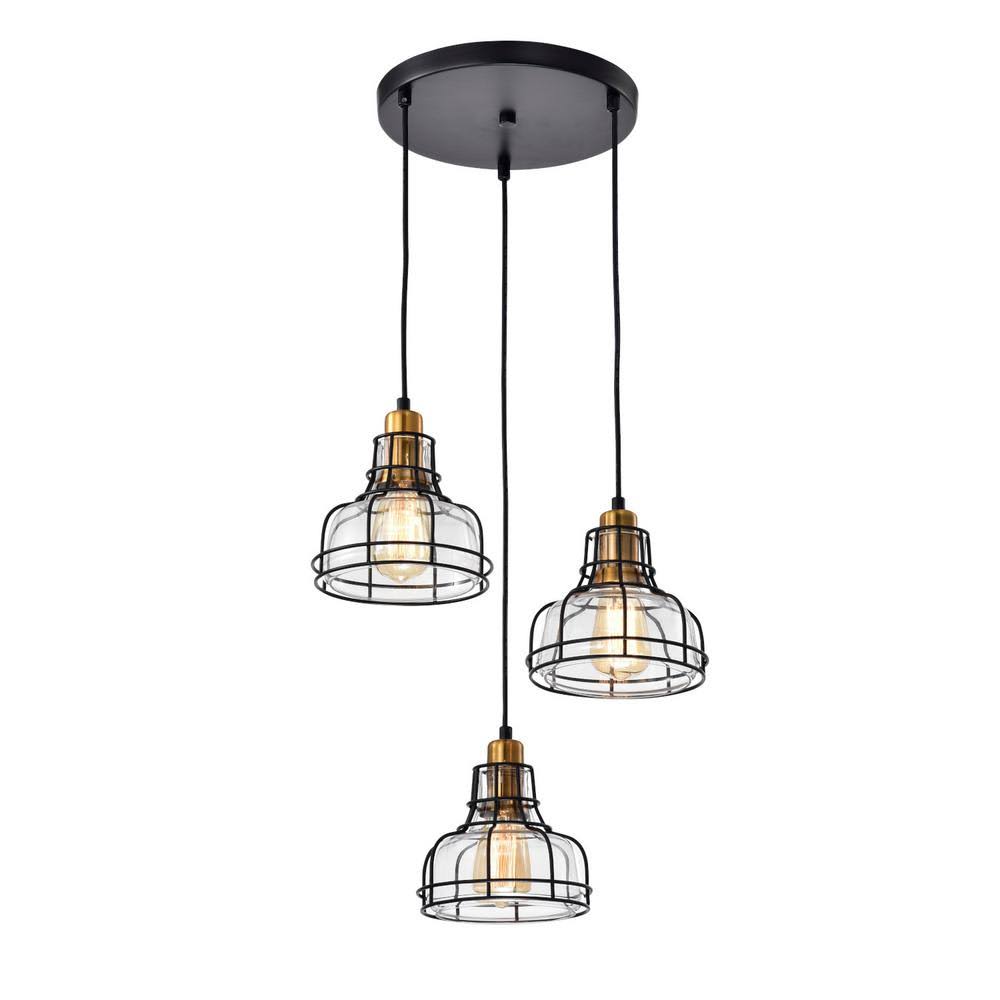 3-Light Black and Antique Gold Pendant with Clear Glass Shade U471