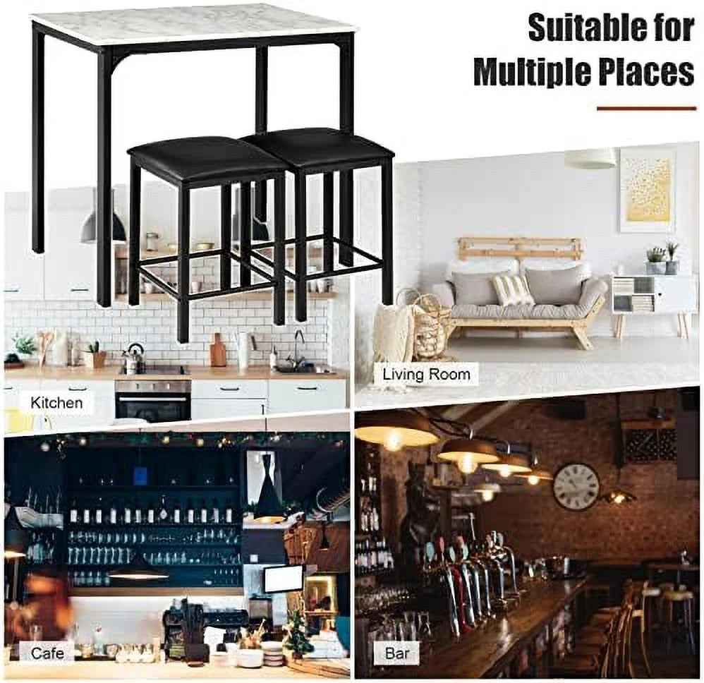 Black 3 Pieces Dining Table Set with Faux Marble Tabletop and PU Leather Stools W9848