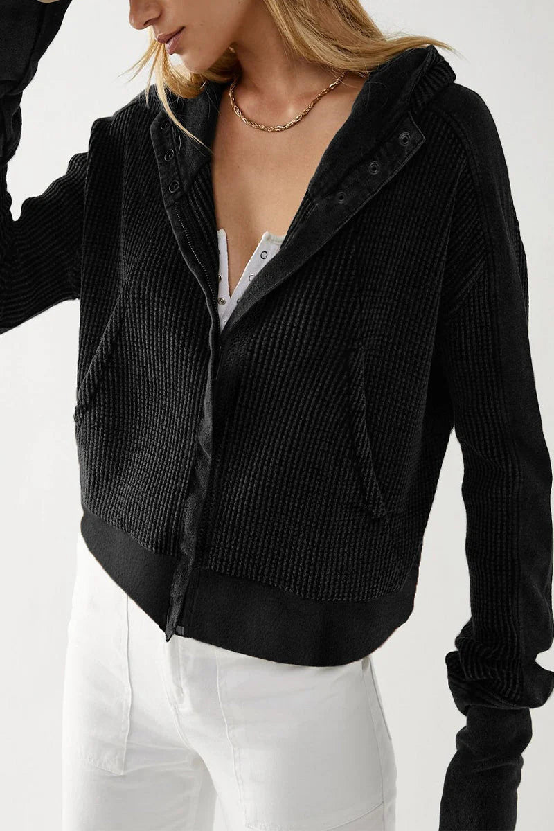 Solid Zipper Hooded Collar Outerwear V379962