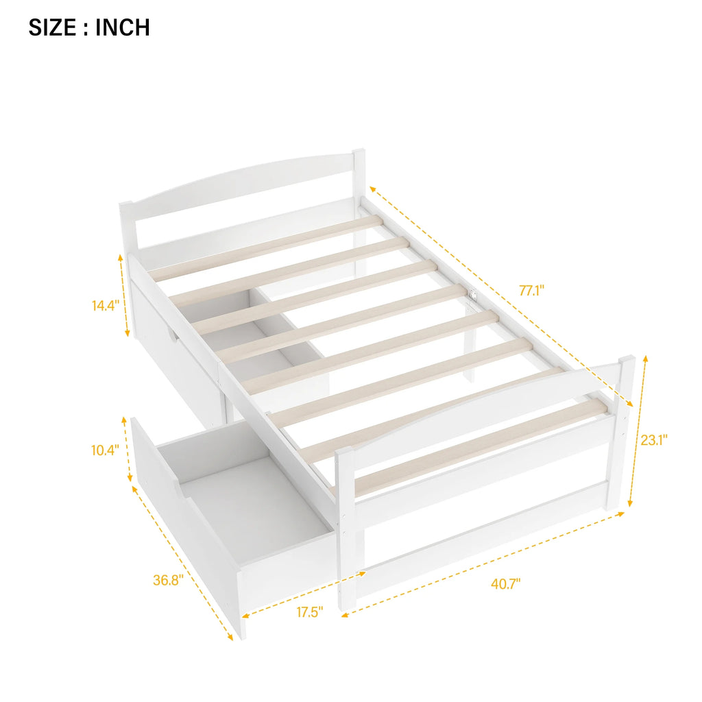 White Twin Size Platform Bed with 2 Drawers Y7843
