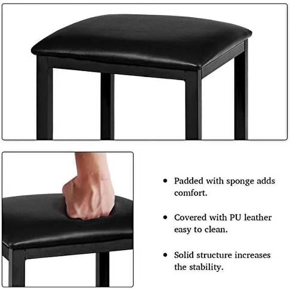 Black 3 Pieces Dining Table Set with Faux Marble Tabletop and PU Leather Stools W9848