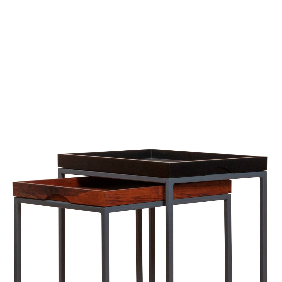 2 Piece Wooden Tray Top Nesting Table Set with Metal Frame, Brown and Black H636937