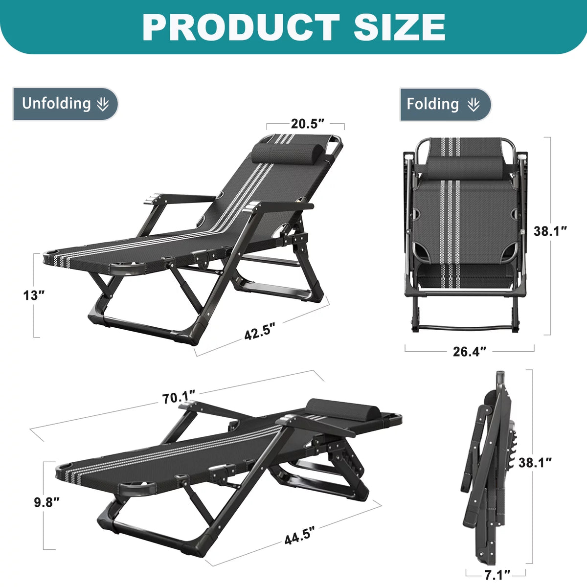 Gray Adjustable Folding Lounge Chair with Pillow N381358